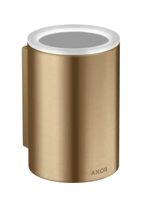 Runder Zahnputzbecher aus brushed Bronze mit weißem Rand, montiert an der Wand. Produkt von AXOR.